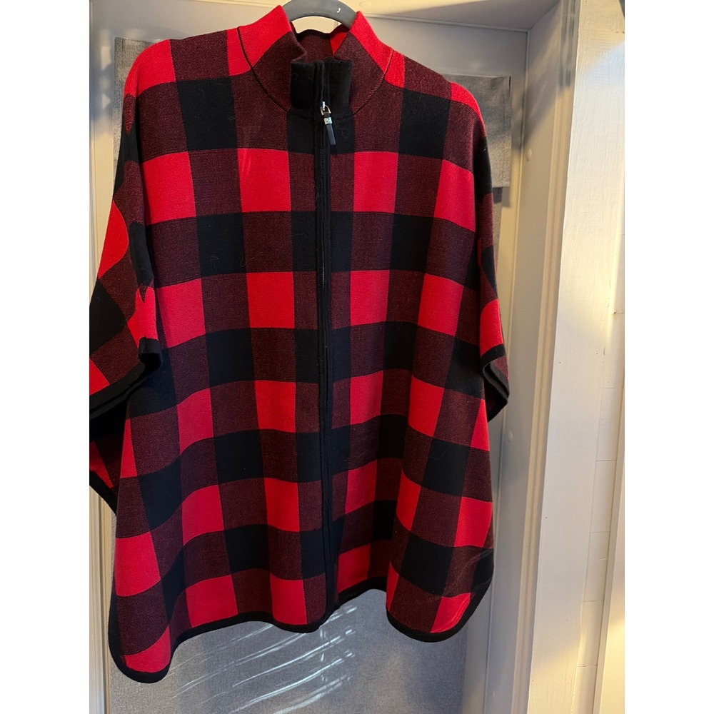 Nicole Miller New York Buffalo Plaid Zip Front Poncho Red Black L/XL